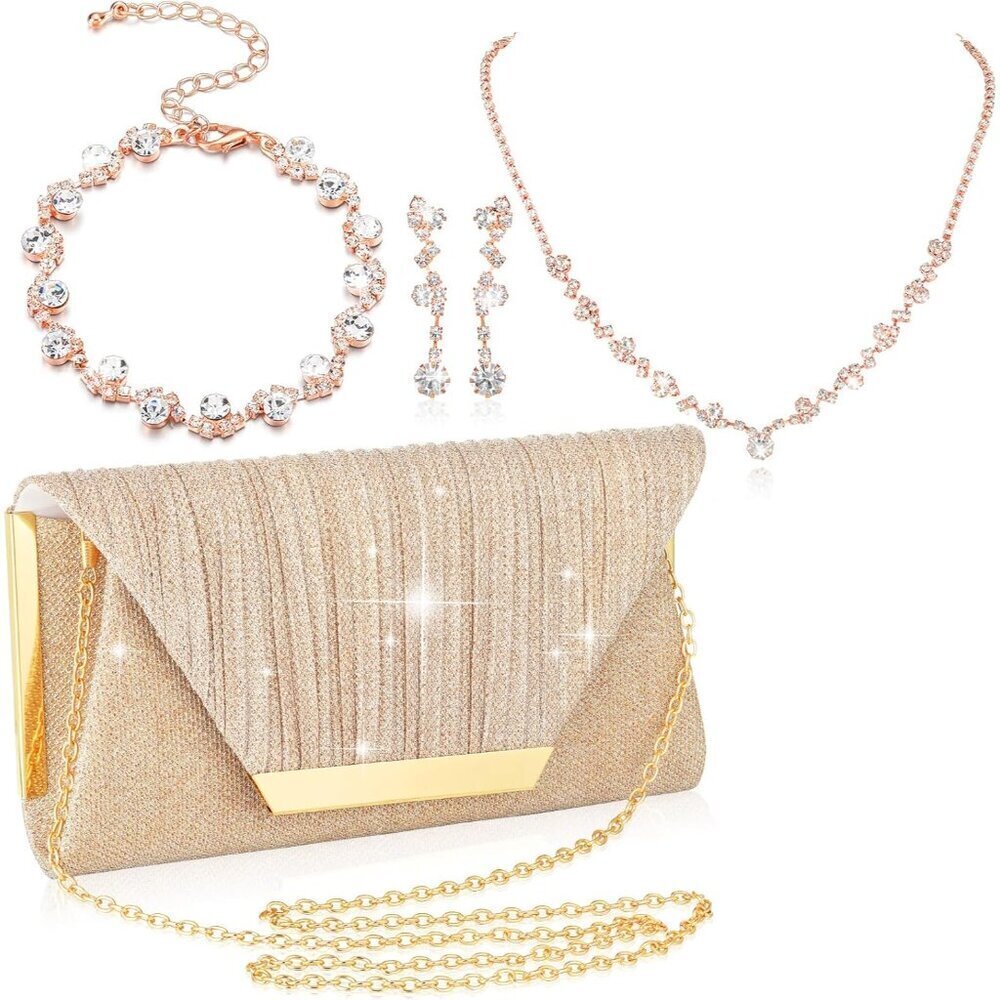 4 Pcs Bling Clutch Purse Rhinestone Jewelry Set Women Evening Bag Accessories